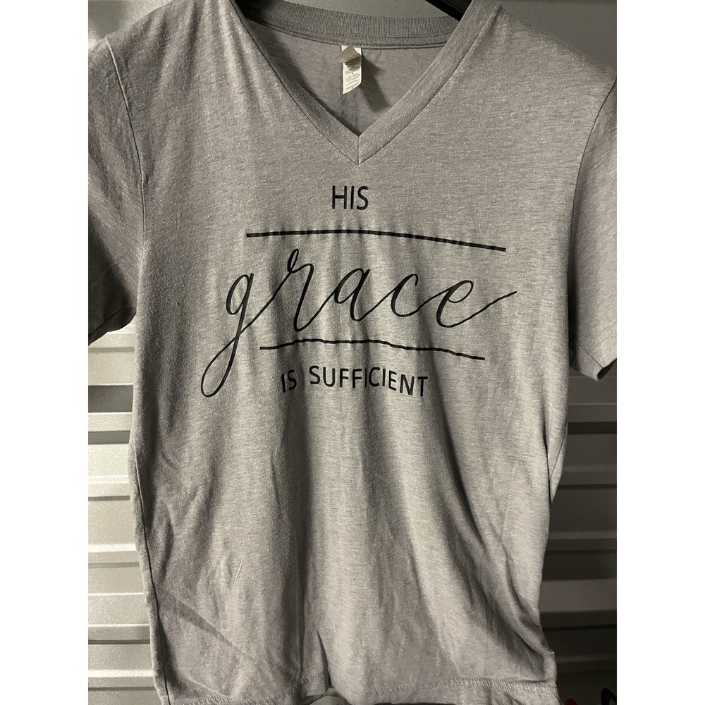 His Grace Is Sufficient Religious Christian Tee Women's Size Small V-neck Gray